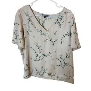 Express Womens Cream Floral V-Neck Short Sleeve Blouse Top Large L Yellow Green